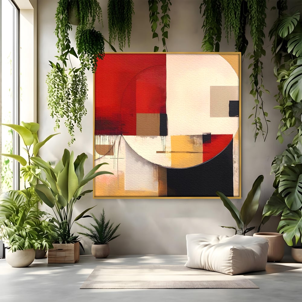 Tablou canvas cu pictura abstracta cu forme geometrice, in rama de aluminiu auriu
